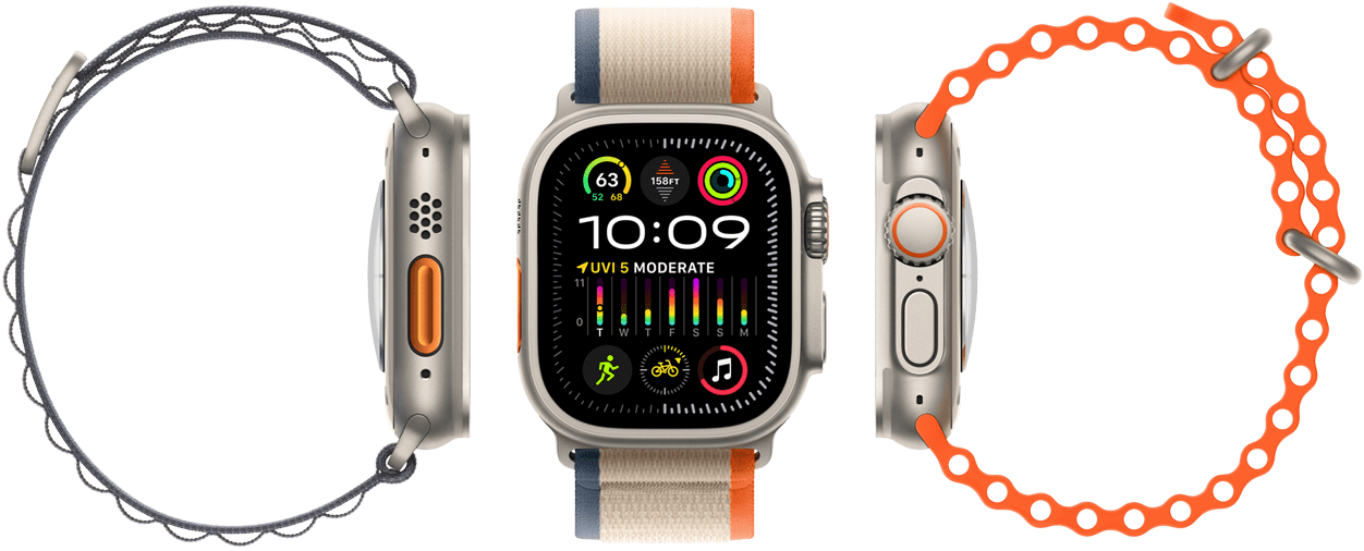 Apple Watch Ultra 2 – znázornění kompatibility se třemi různými typy řemínků. Je vidět velký displej, odolné titanové pouzdro, oranžové tlačítko Akce a korunka Digital Crown
